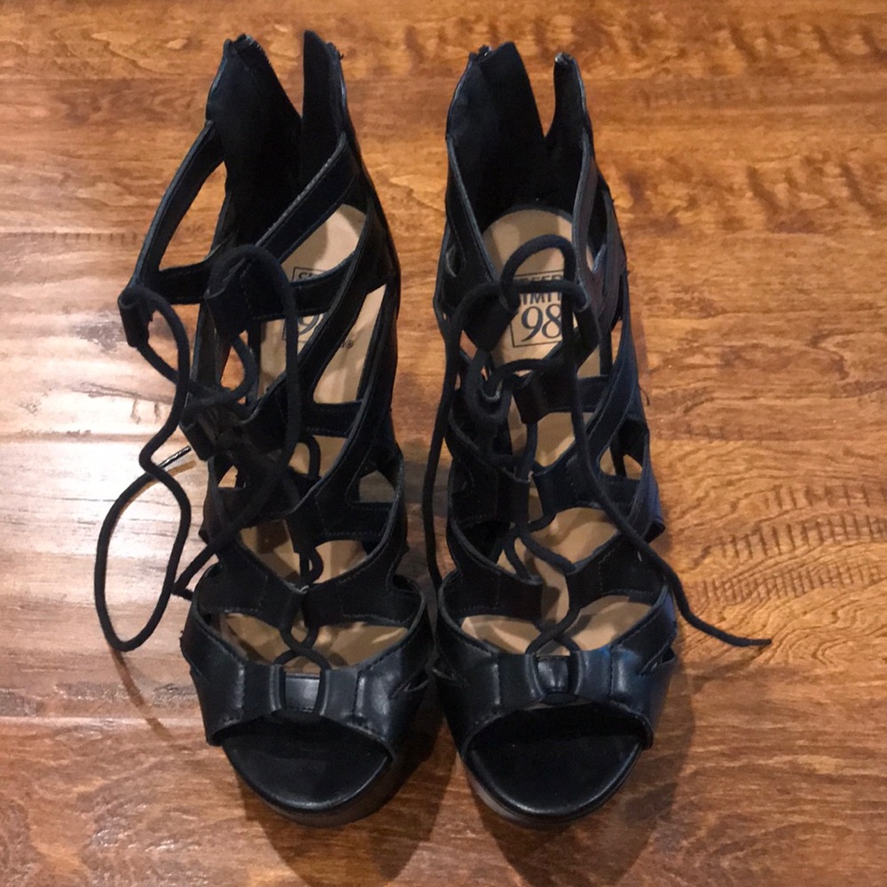 Black lace up block heel sandals. Size 6.5
